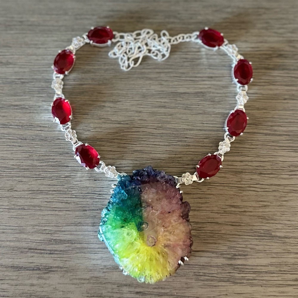 0600 Handcrafted Necklace with Red and Multicolor Gemstones Statement Jewelry